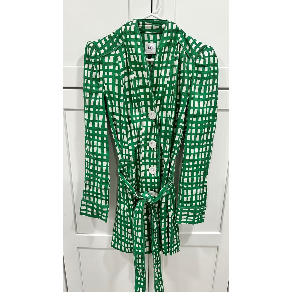 Cabi Green White Checkered Linen Blend Belted Topper Jacket Womens‎ XS